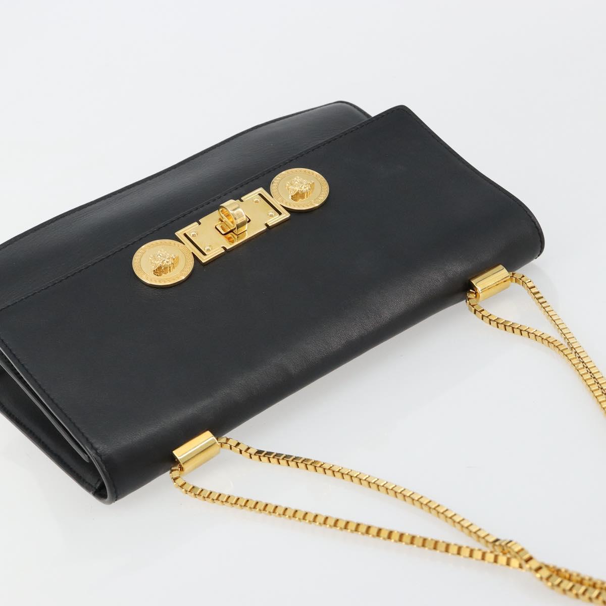 VERSACE Chain Shoulder Bag Leather Black Gold Auth BA13207