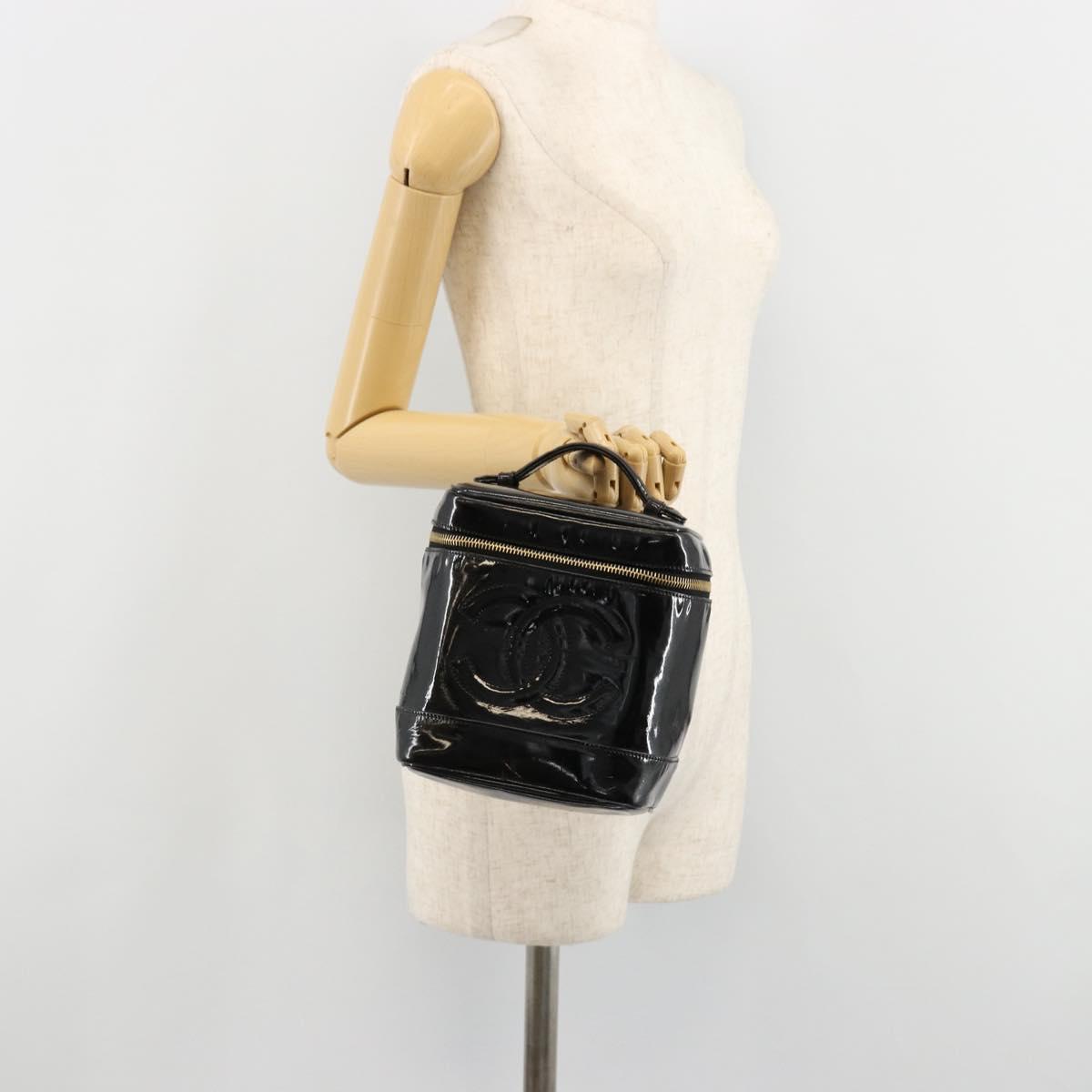 CHANEL Vanity Hand Bag Patent leather Black Gold CC Auth BA13209