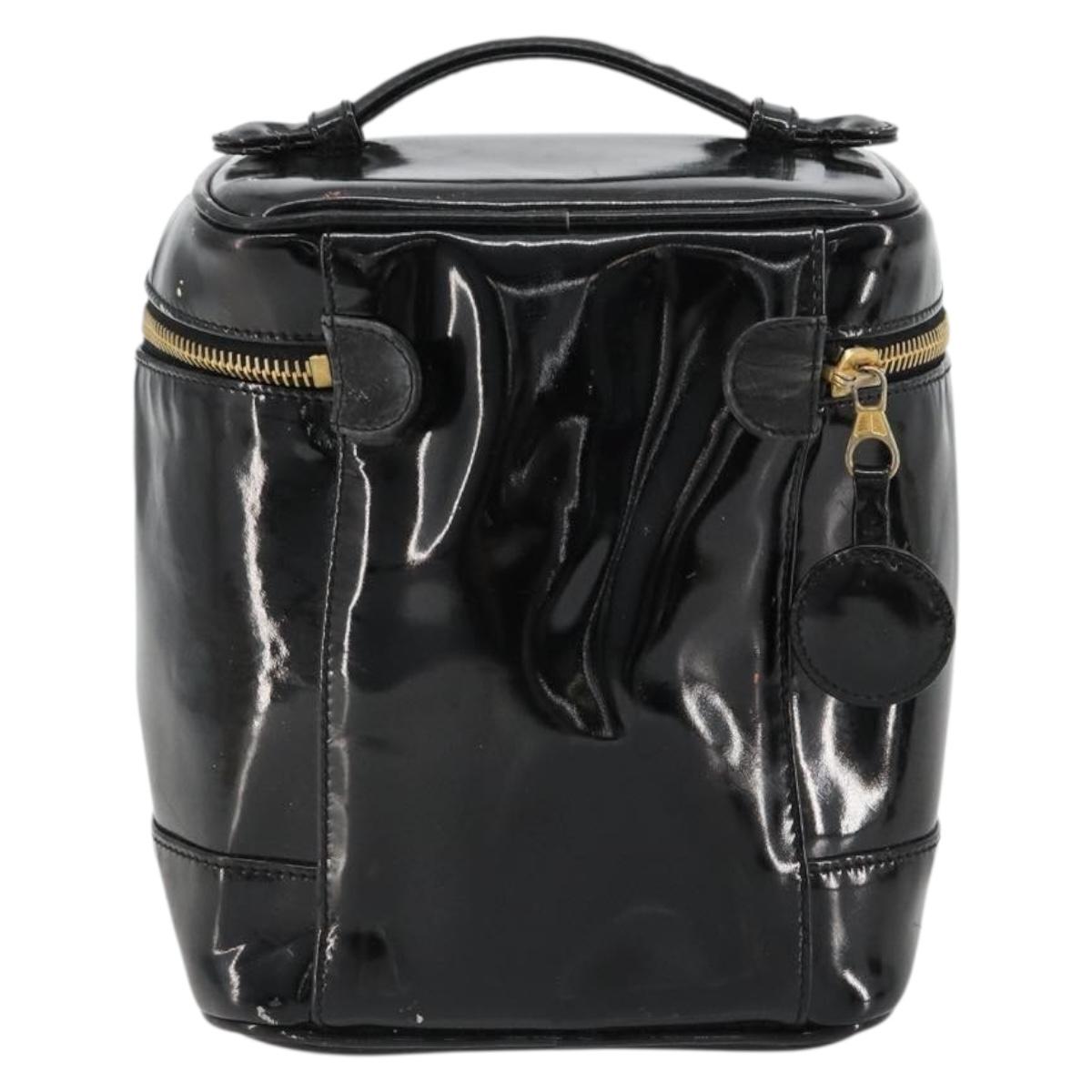 CHANEL Vanity Hand Bag Patent leather Black Gold CC Auth BA13209