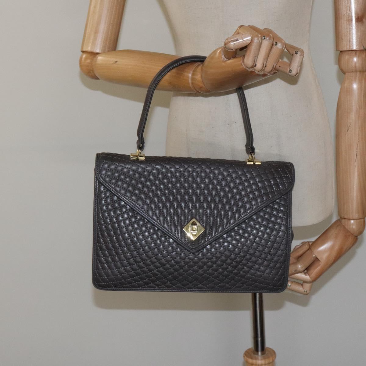 BALLY Quilted Hand Bag Leather Gray Gold Auth BA1327