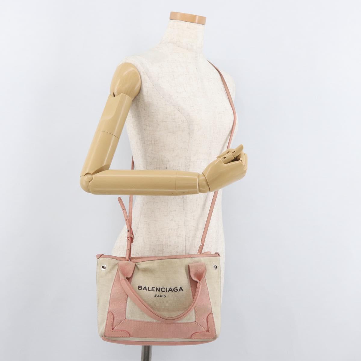 BALENCIAGA Navy Cabas S Tote Bag Canvas Leather Beige Silver 390346 Auth BA13276