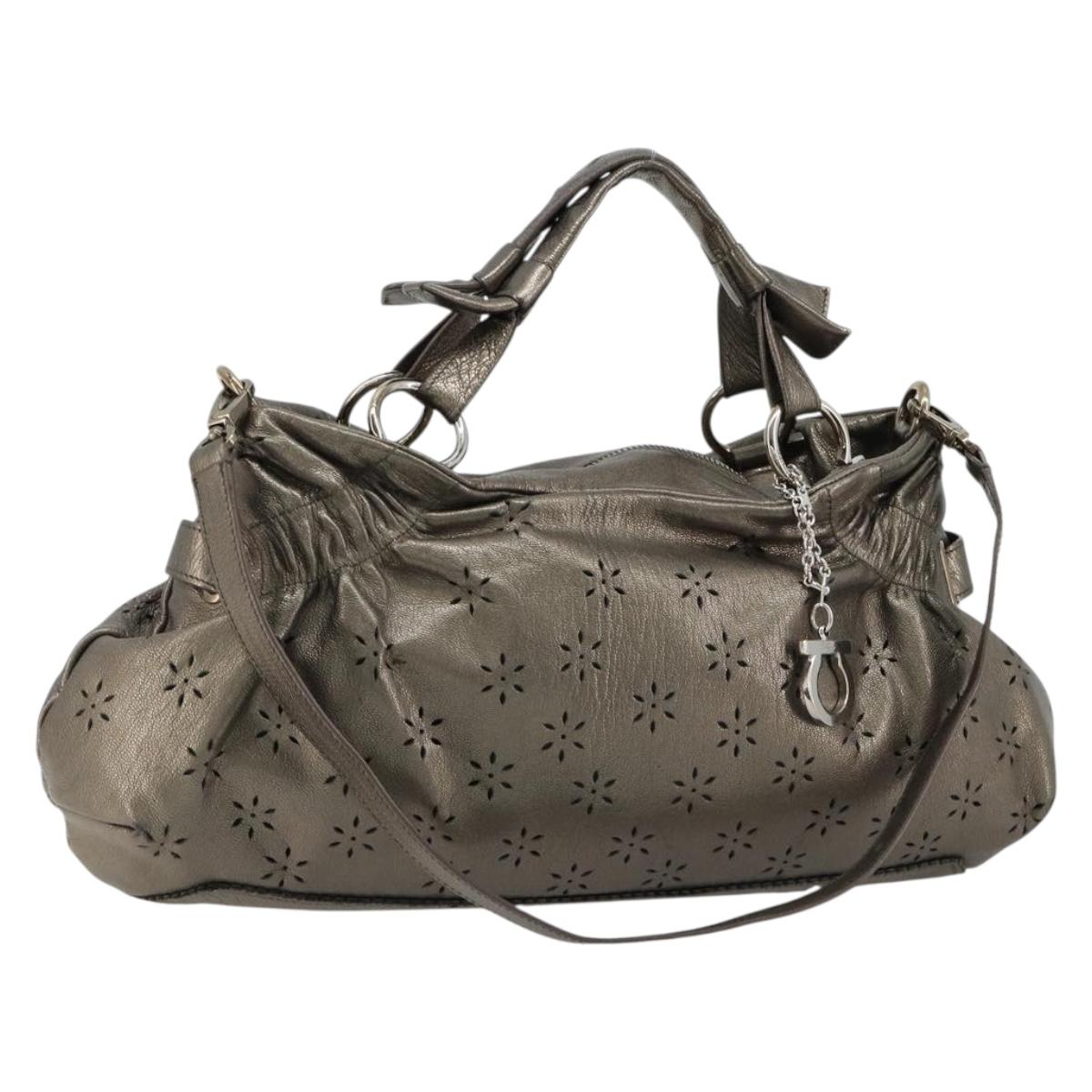 Salvatore Ferragamo Gancini Hand Bag Leather 2way Gold Silver Auth BA13286