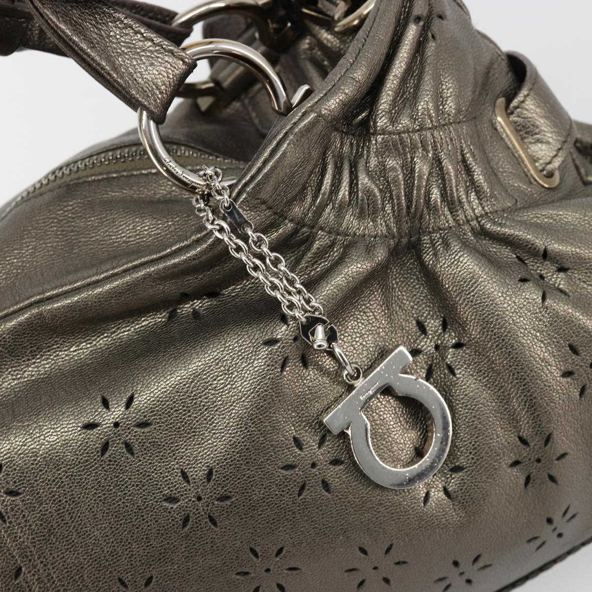 Salvatore Ferragamo Gancini Hand Bag Leather 2way Gold Silver Auth BA13286