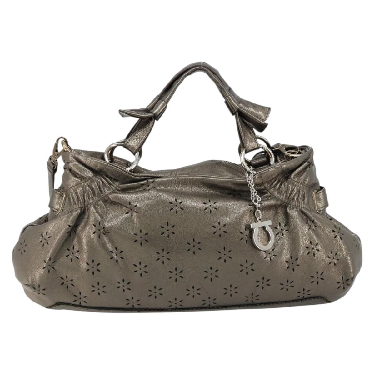 Salvatore Ferragamo Gancini Hand Bag Leather 2way Gold Silver Auth BA13286