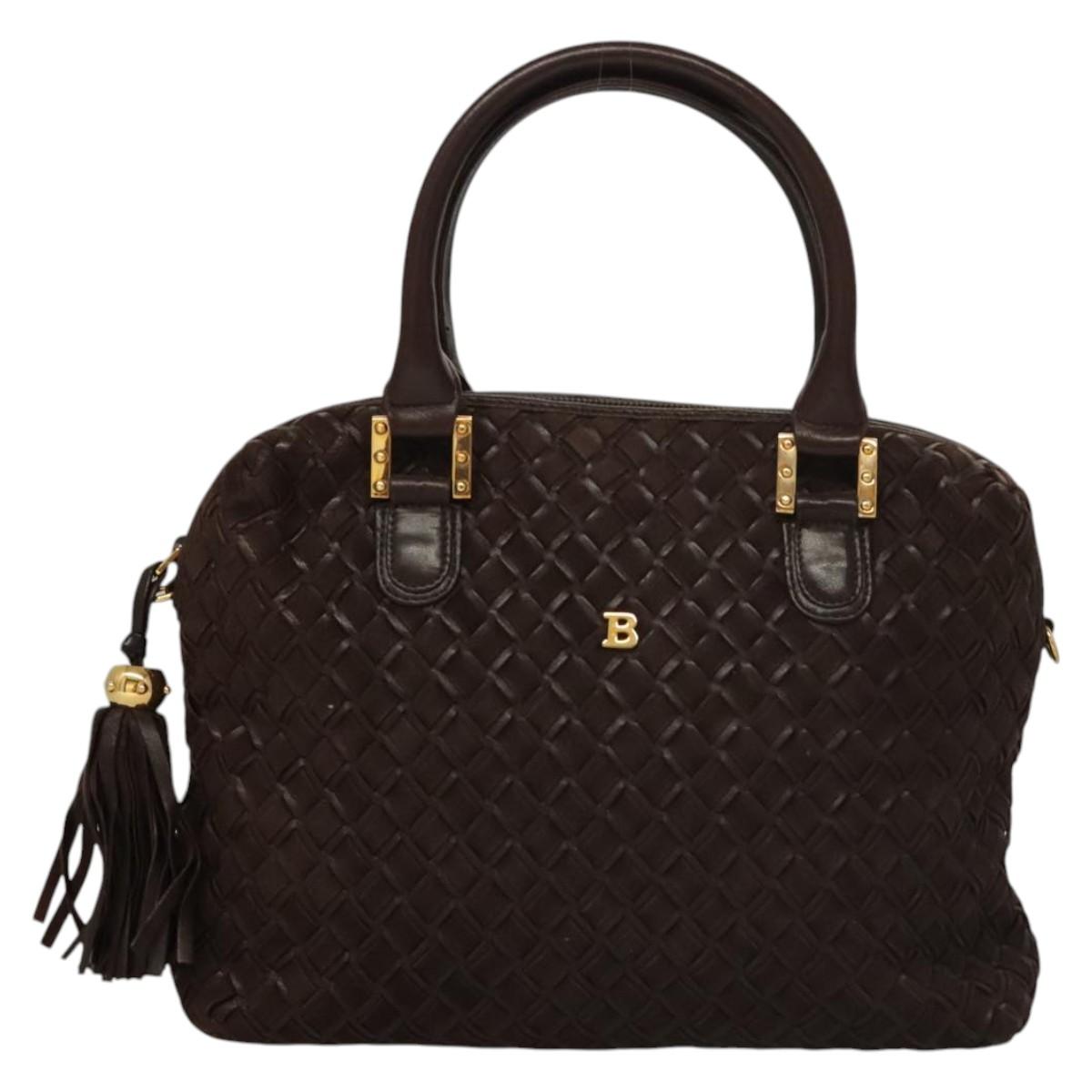 BALLY Quilted Hand Bag Leather Dark Brown Gold Auth BA1329