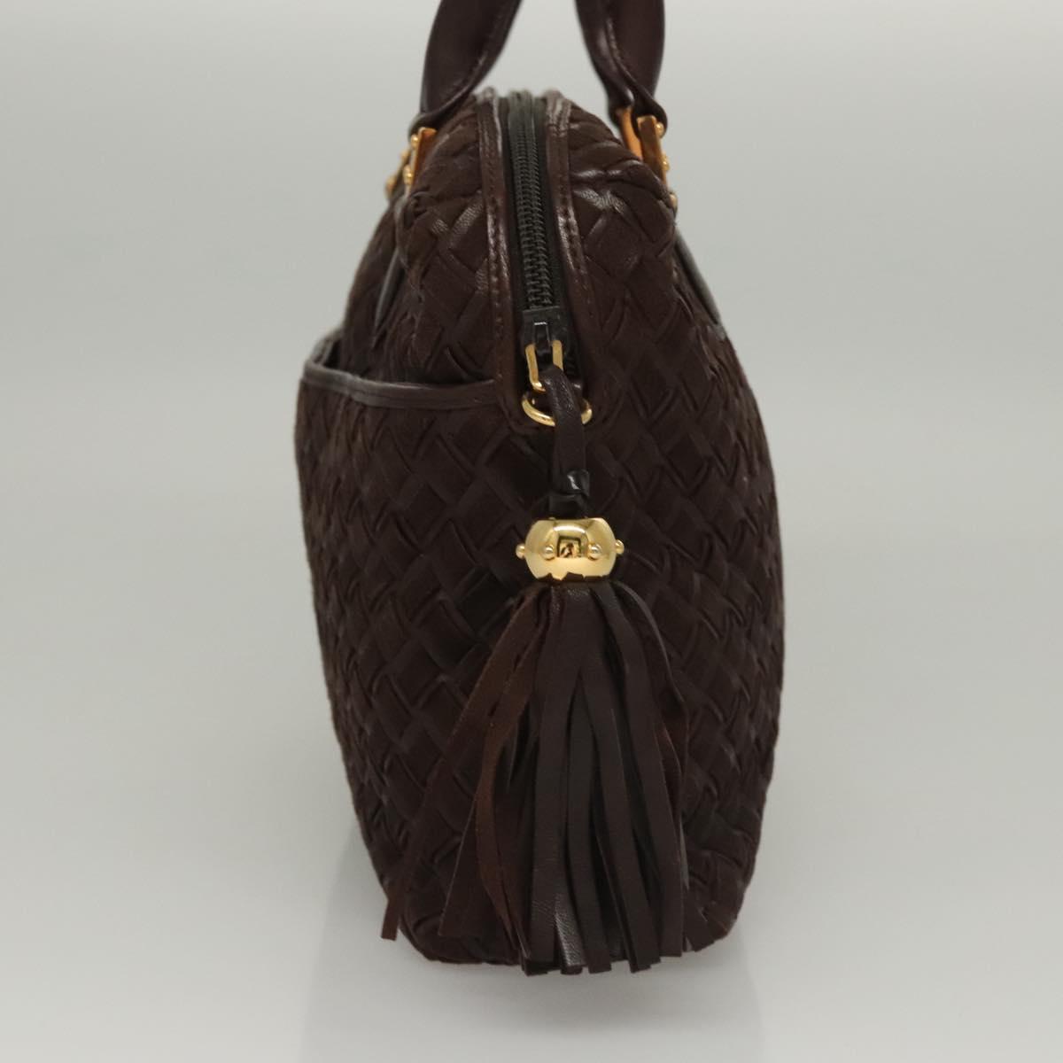BALLY Quilted Hand Bag Leather Dark Brown Gold Auth BA1329