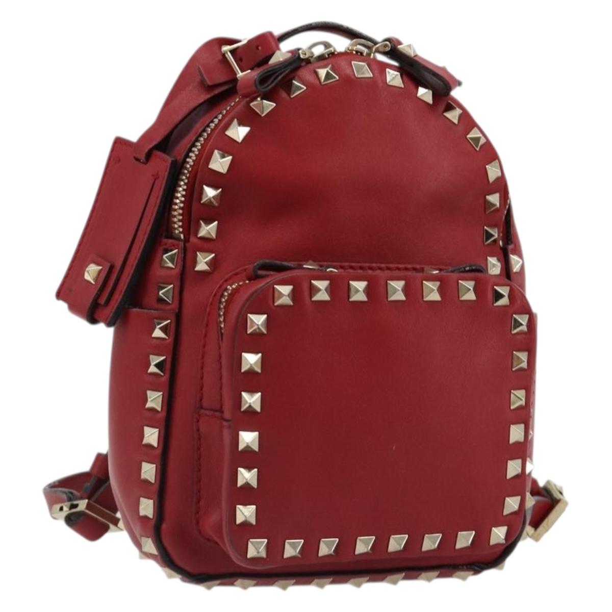VALENTINO Studs Backpack Leather Red Gold Auth BA13290