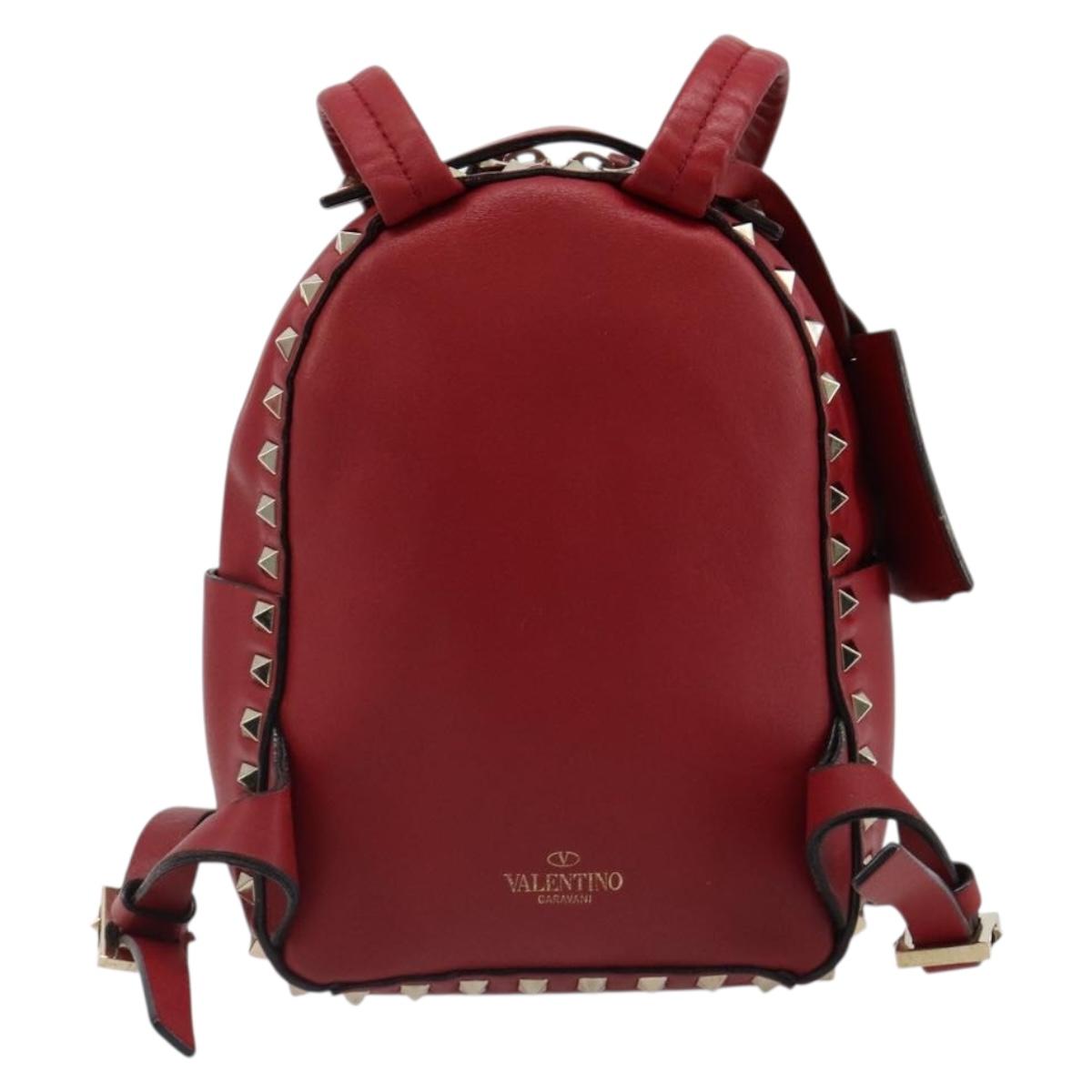 VALENTINO Studs Backpack Leather Red Gold Auth BA13290