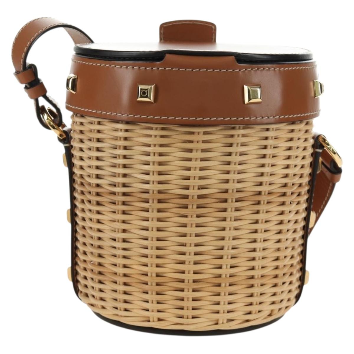 Salvatore Ferragamo Gancini Straw Bag Raffia Beige Gold Auth BA13293SM