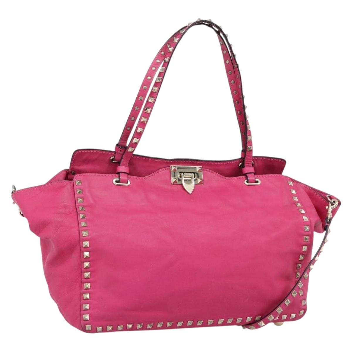 VALENTINO Studs Tote Bag Leather 2way Pink Gold Auth BA13295