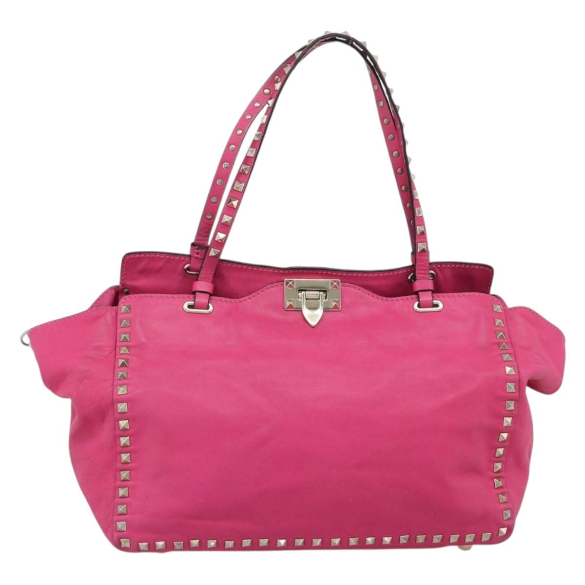 VALENTINO Studs Tote Bag Leather 2way Pink Gold Auth BA13295