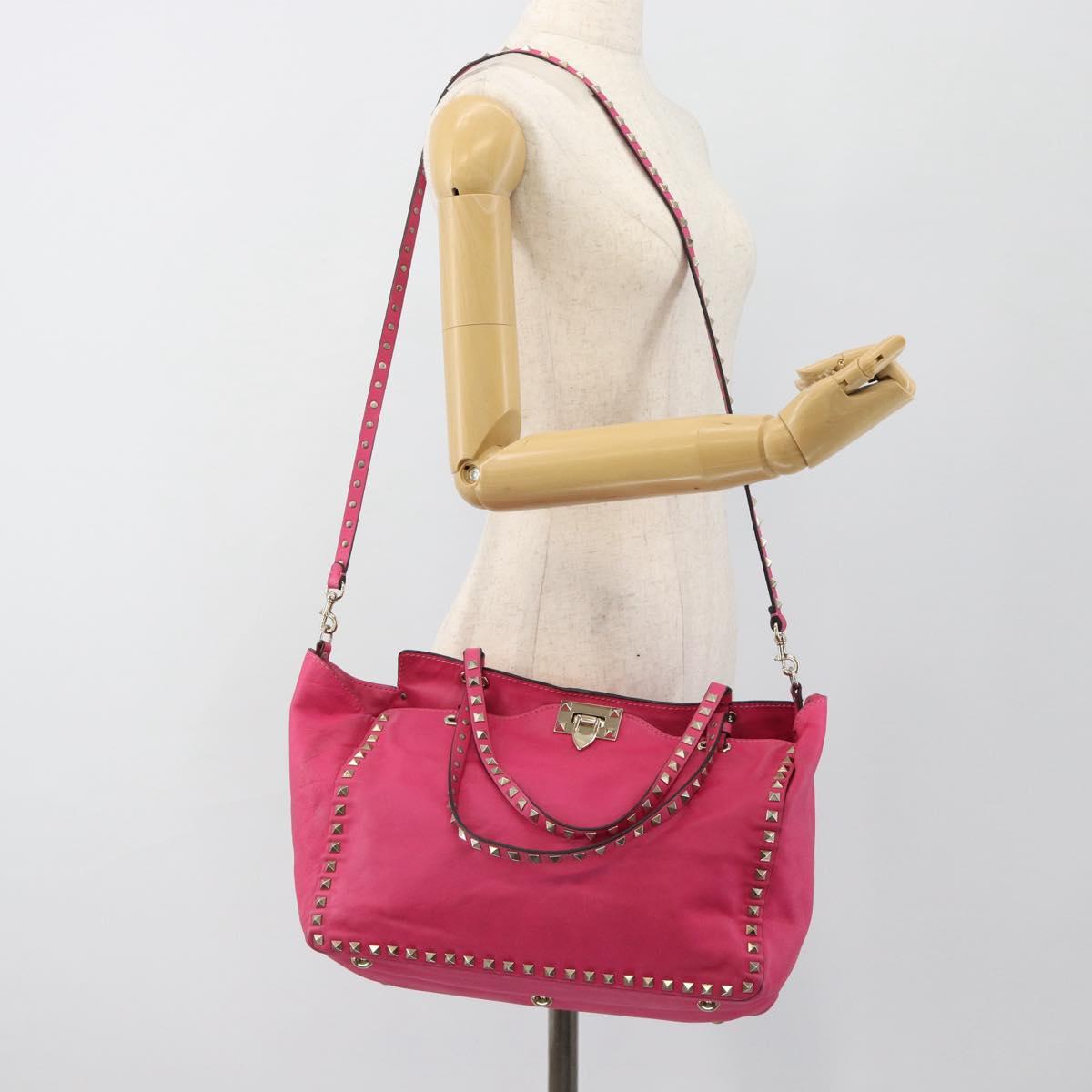 VALENTINO Studs Tote Bag Leather 2way Pink Gold Auth BA13295
