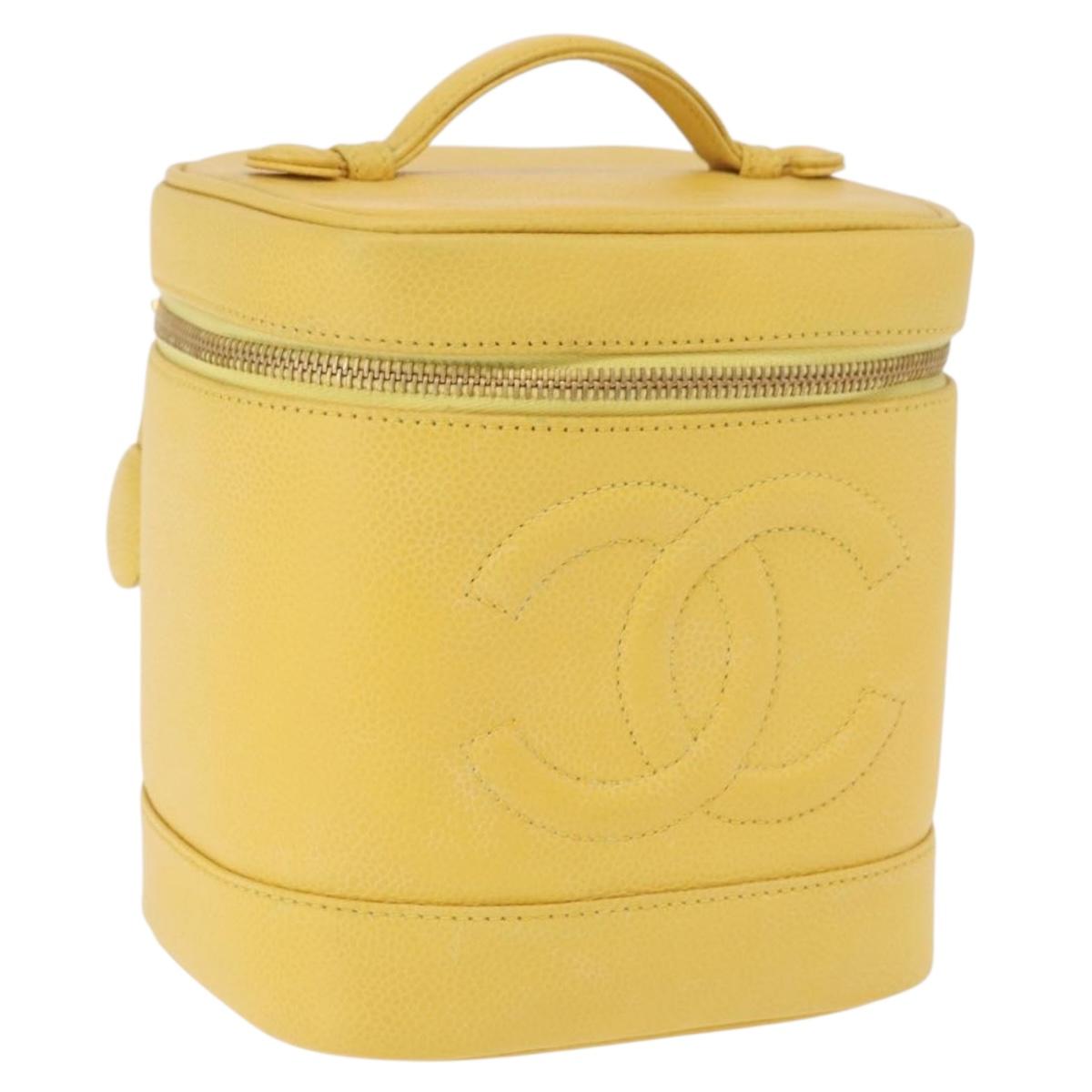 CHANEL Vanity Hand Bag Caviar Skin Yellow Gold CC Auth BA13305V