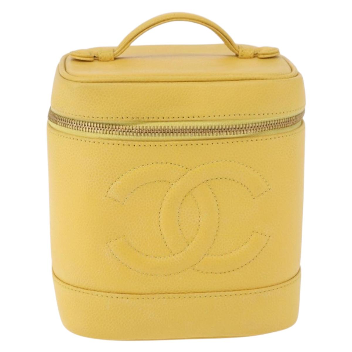 CHANEL Vanity Hand Bag Caviar Skin Yellow Gold CC Auth BA13305V