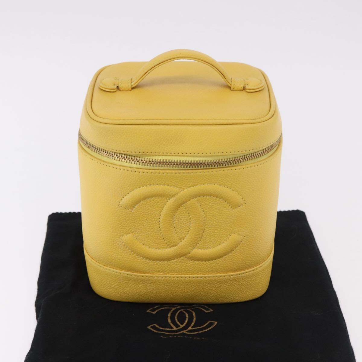 CHANEL Vanity Hand Bag Caviar Skin Yellow Gold CC Auth BA13305V