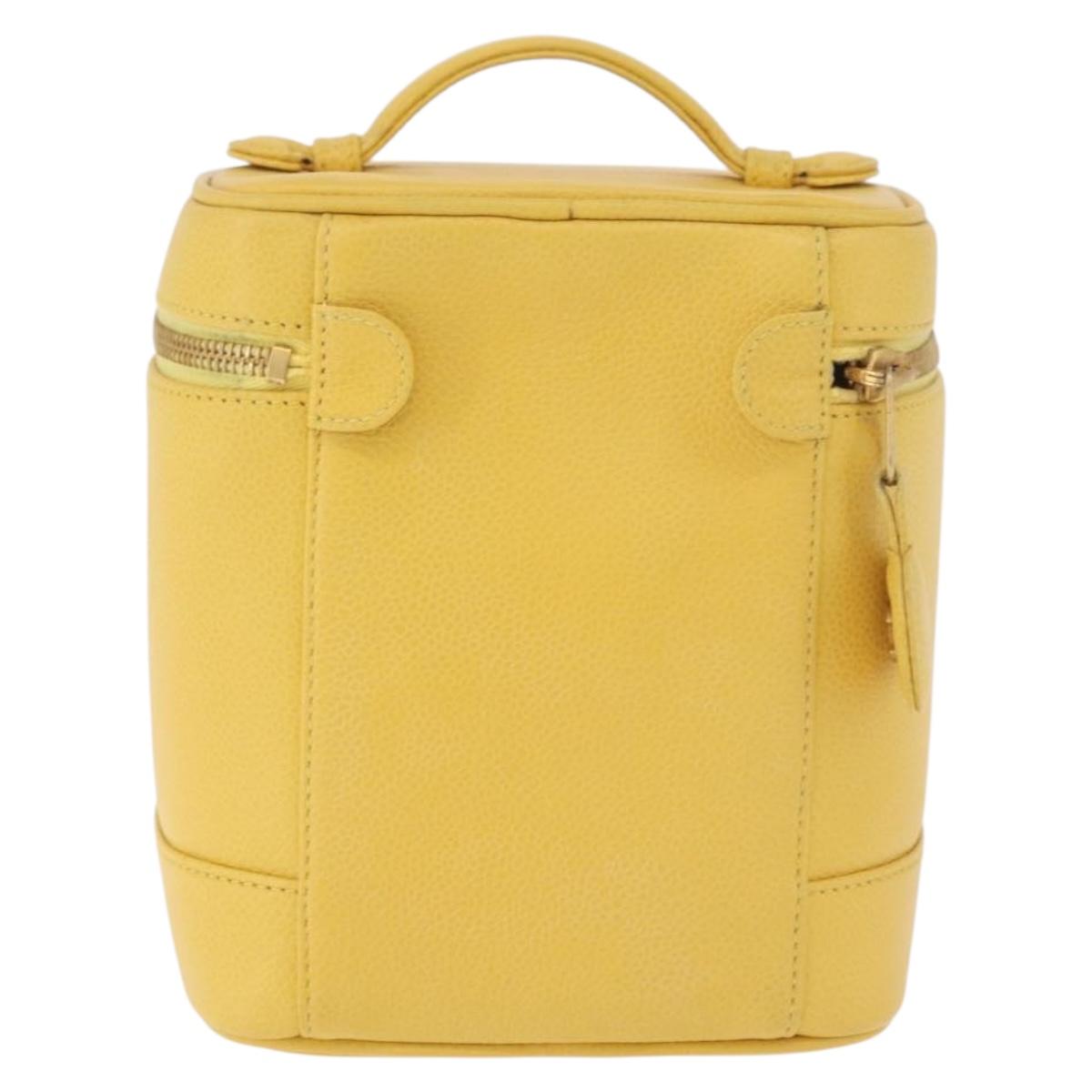 CHANEL Vanity Hand Bag Caviar Skin Yellow Gold CC Auth BA13305V