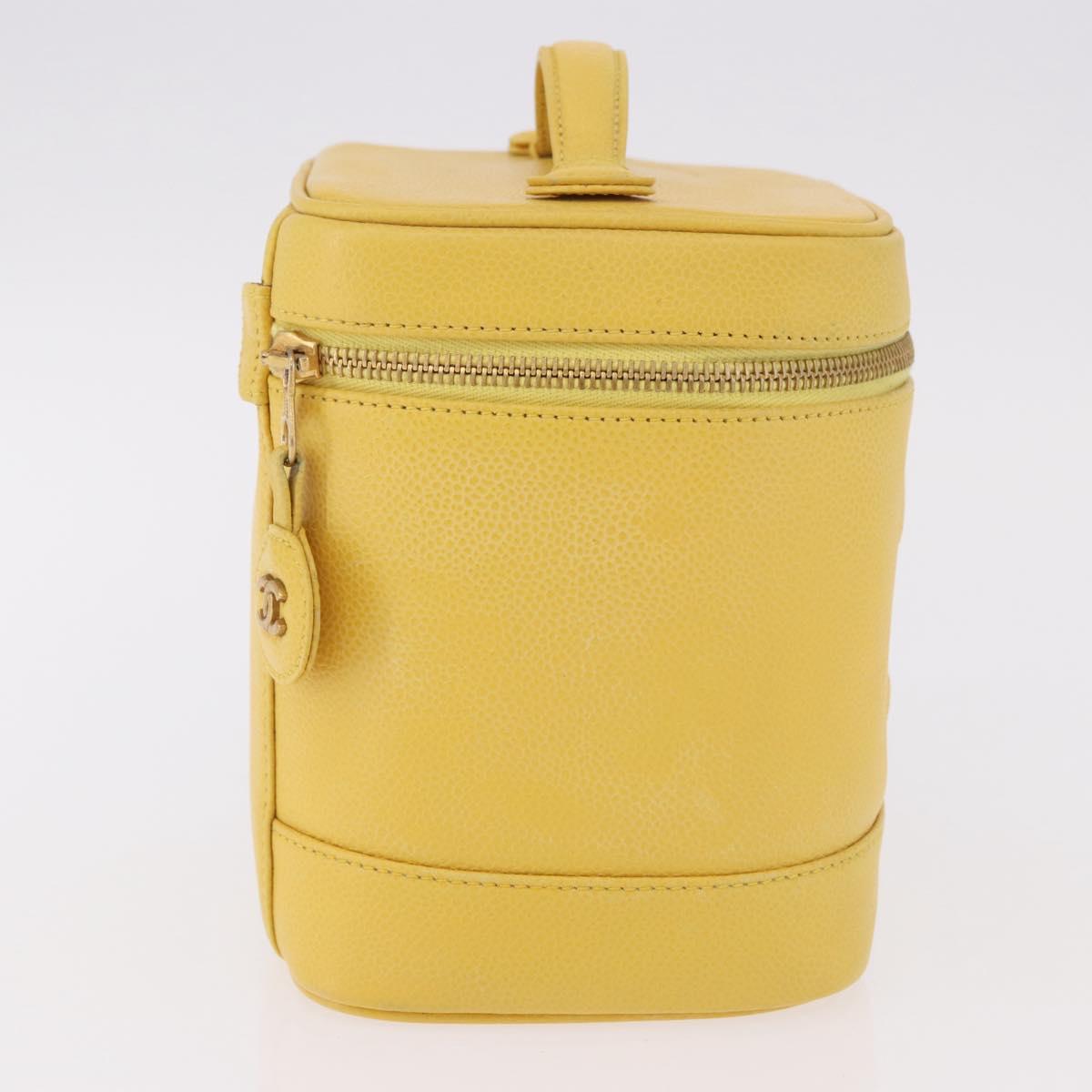 CHANEL Vanity Hand Bag Caviar Skin Yellow Gold CC Auth BA13305V
