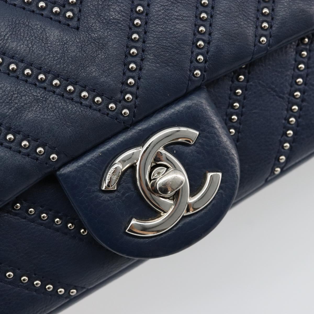 CHANEL V Stitch Chain Shoulder Bag Lamb Skin Navy Silver CC Auth BA13308V