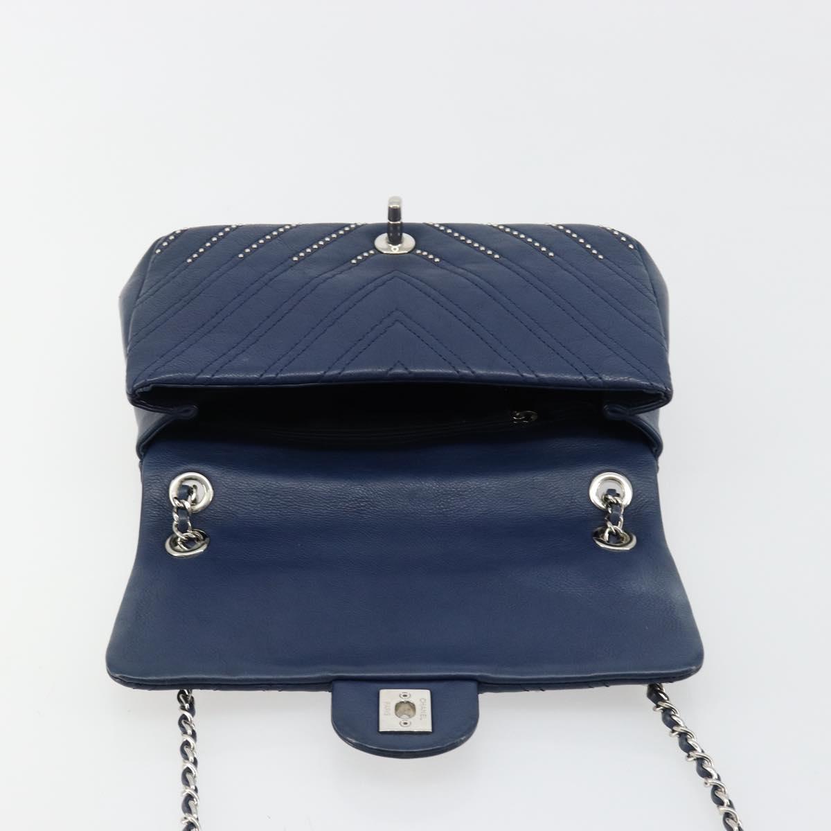 CHANEL V Stitch Chain Shoulder Bag Lamb Skin Navy Silver CC Auth BA13308V
