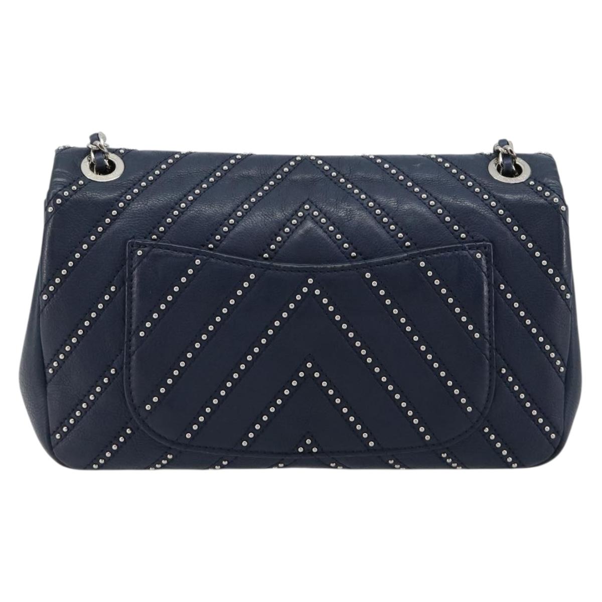 CHANEL V Stitch Chain Shoulder Bag Lamb Skin Navy Silver CC Auth BA13308V
