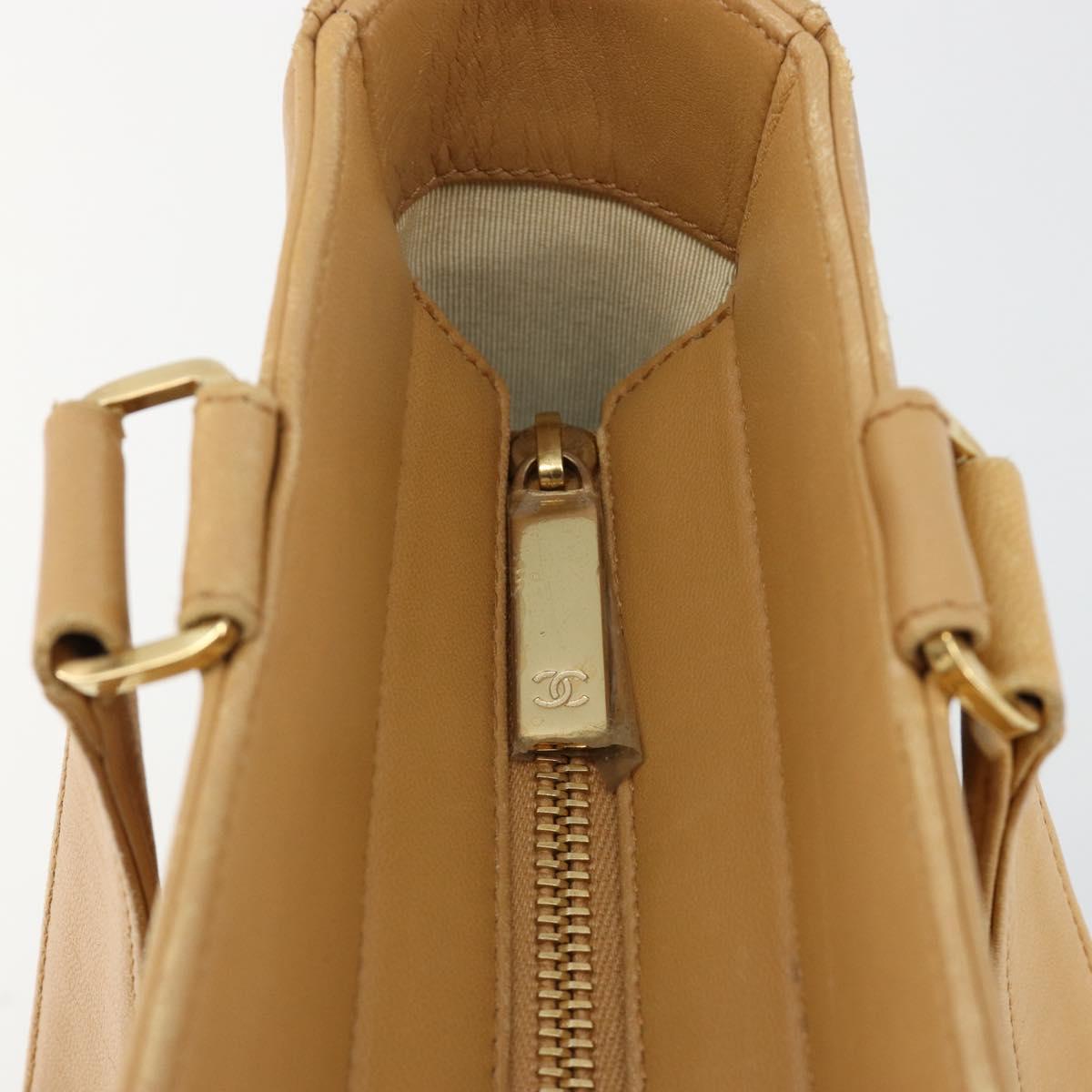 CHANEL Choco Bar Tote Bag Lamb Skin Beige Gold CC Auth BA13309