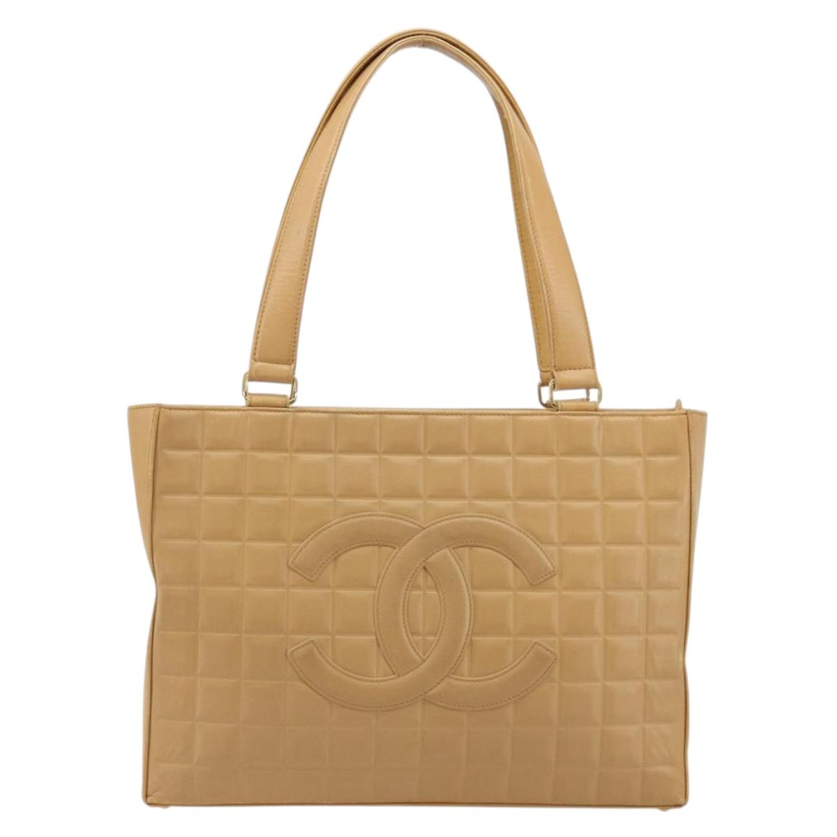 CHANEL Choco Bar Tote Bag Lamb Skin Beige Gold CC Auth BA13309