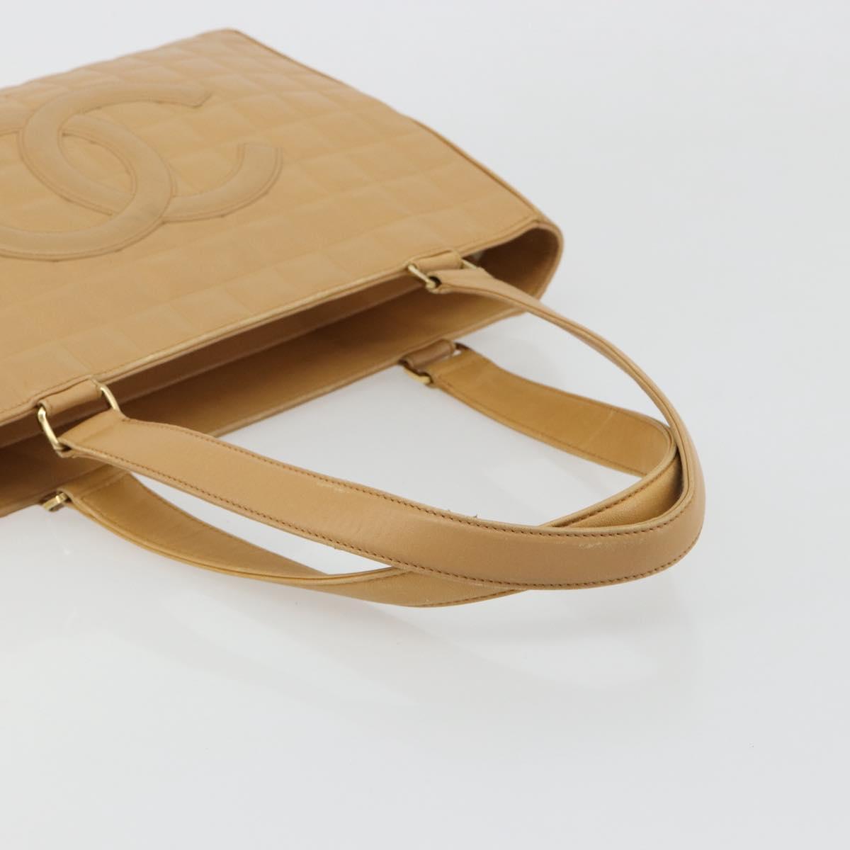 CHANEL Choco Bar Tote Bag Lamb Skin Beige Gold CC Auth BA13309