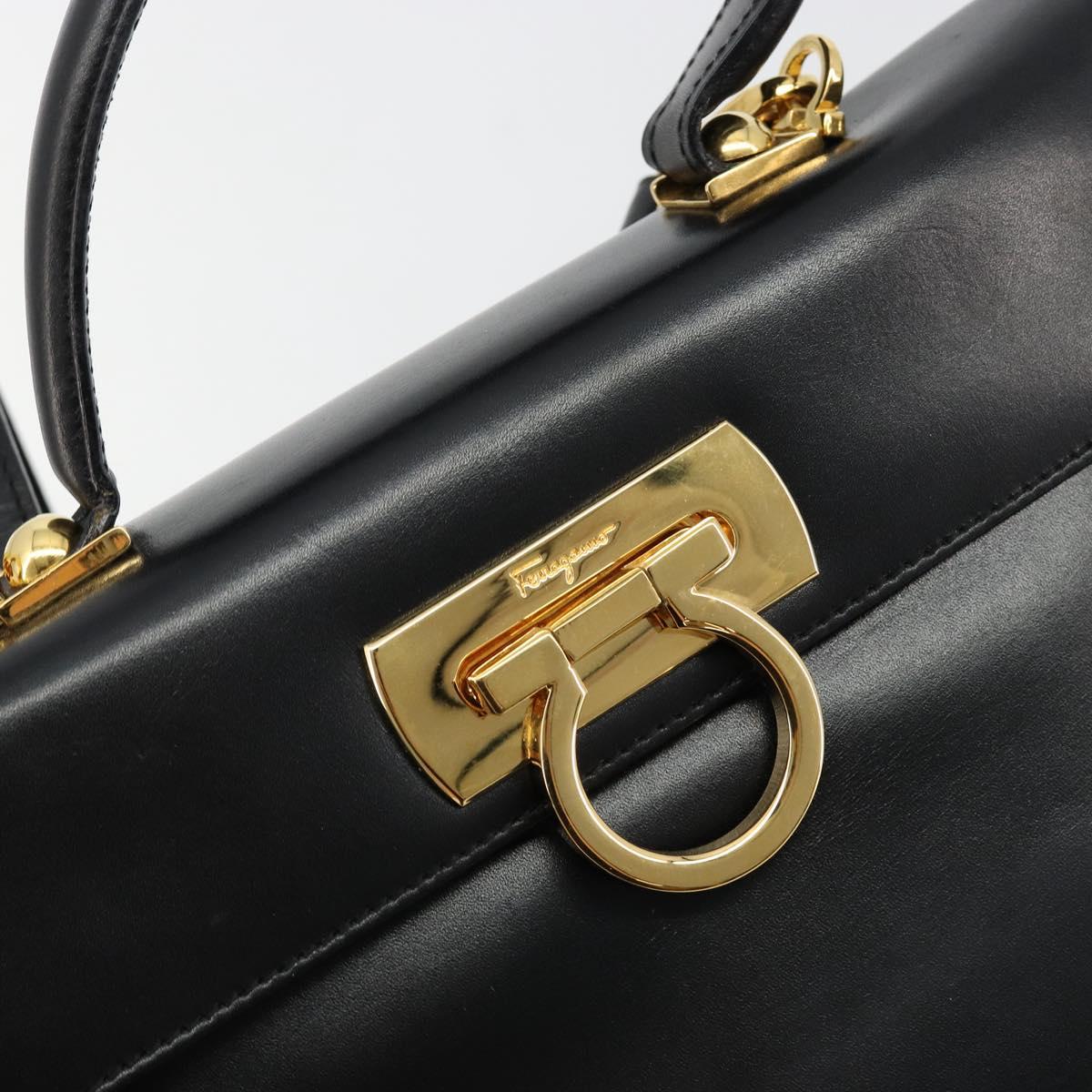 Salvatore Ferragamo Gancini Hand Bag Leather 2way Black Gold Auth BA13314