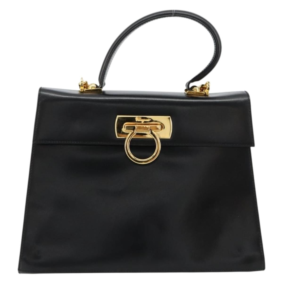 Salvatore Ferragamo Gancini Hand Bag Leather 2way Black Gold Auth BA13314