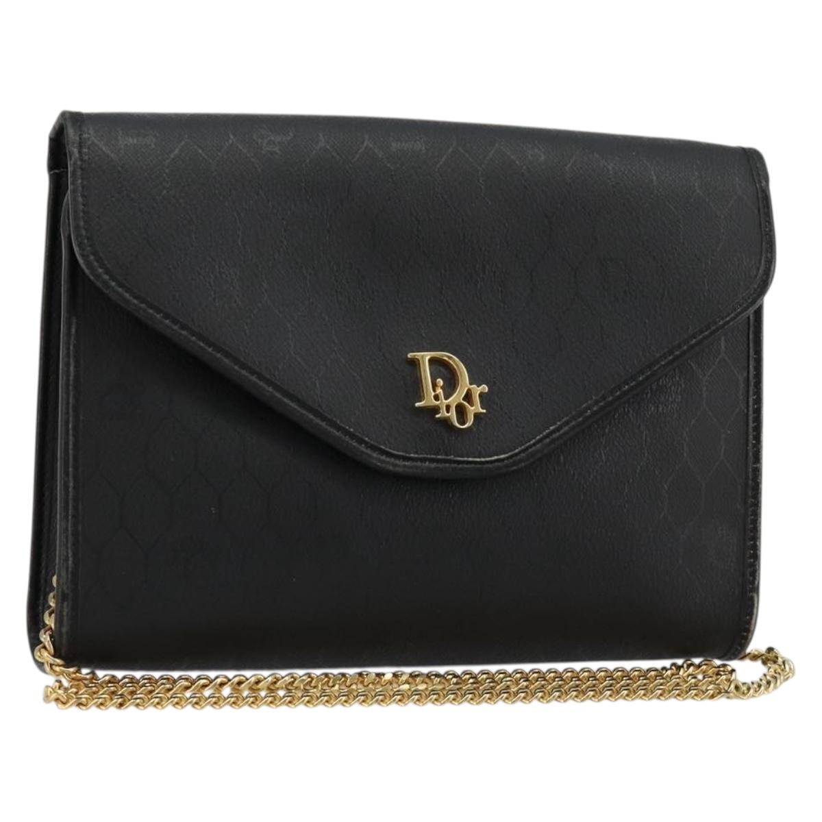 Christian Dior Honeycomb Canvas Chain Shoulder Bag PVC Black Gold Auth BA13315