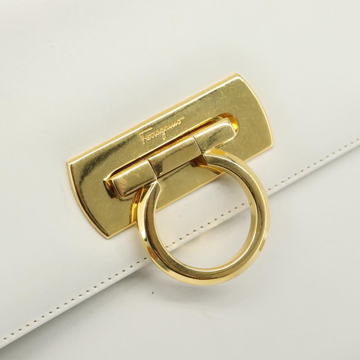 Salvatore Ferragamo Gancini Shoulder Bag Leather White Gold Auth BA13316