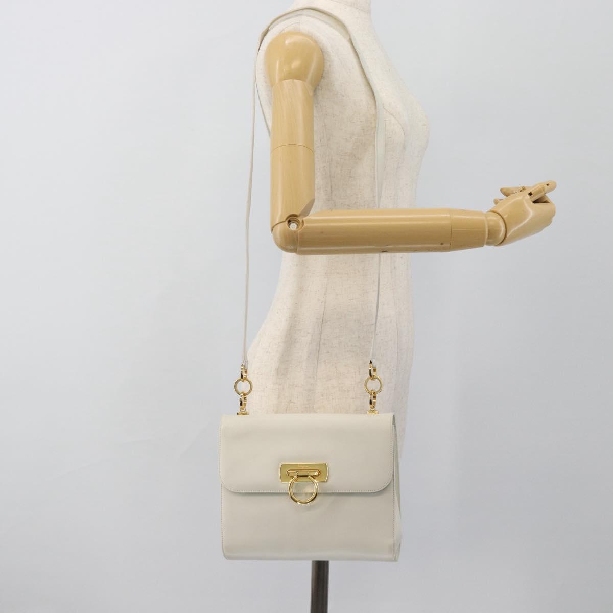Salvatore Ferragamo Gancini Shoulder Bag Leather White Gold Auth BA13316