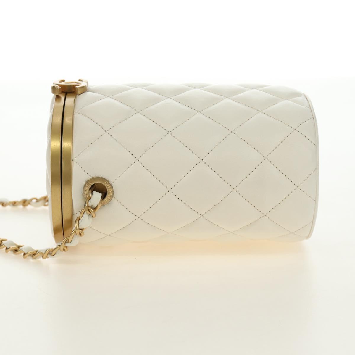 CHANEL Chain Matelasse Shoulder Bag Lamb Skin White Gold CC Auth BA13318M
