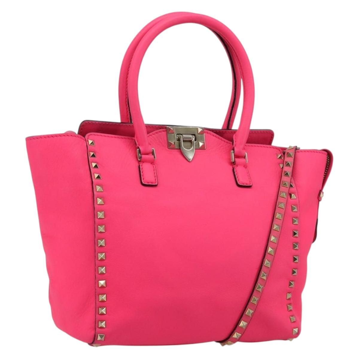 VALENTINO Studs Tote Bag Leather 2way Pink Gold Auth BA13319
