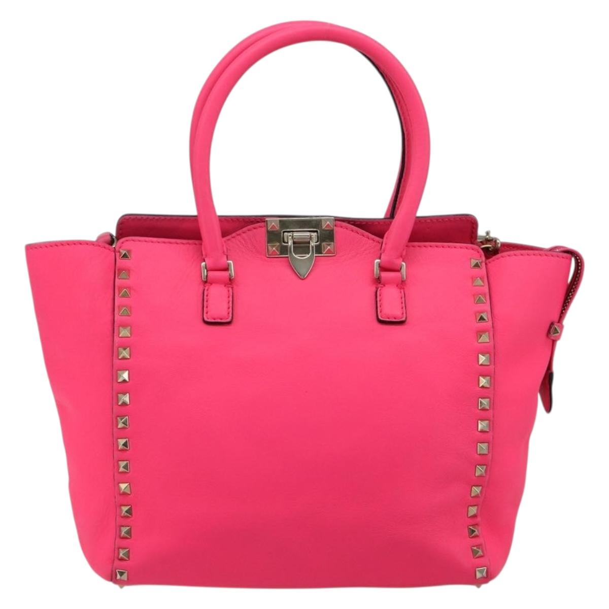 VALENTINO Studs Tote Bag Leather 2way Pink Gold Auth BA13319