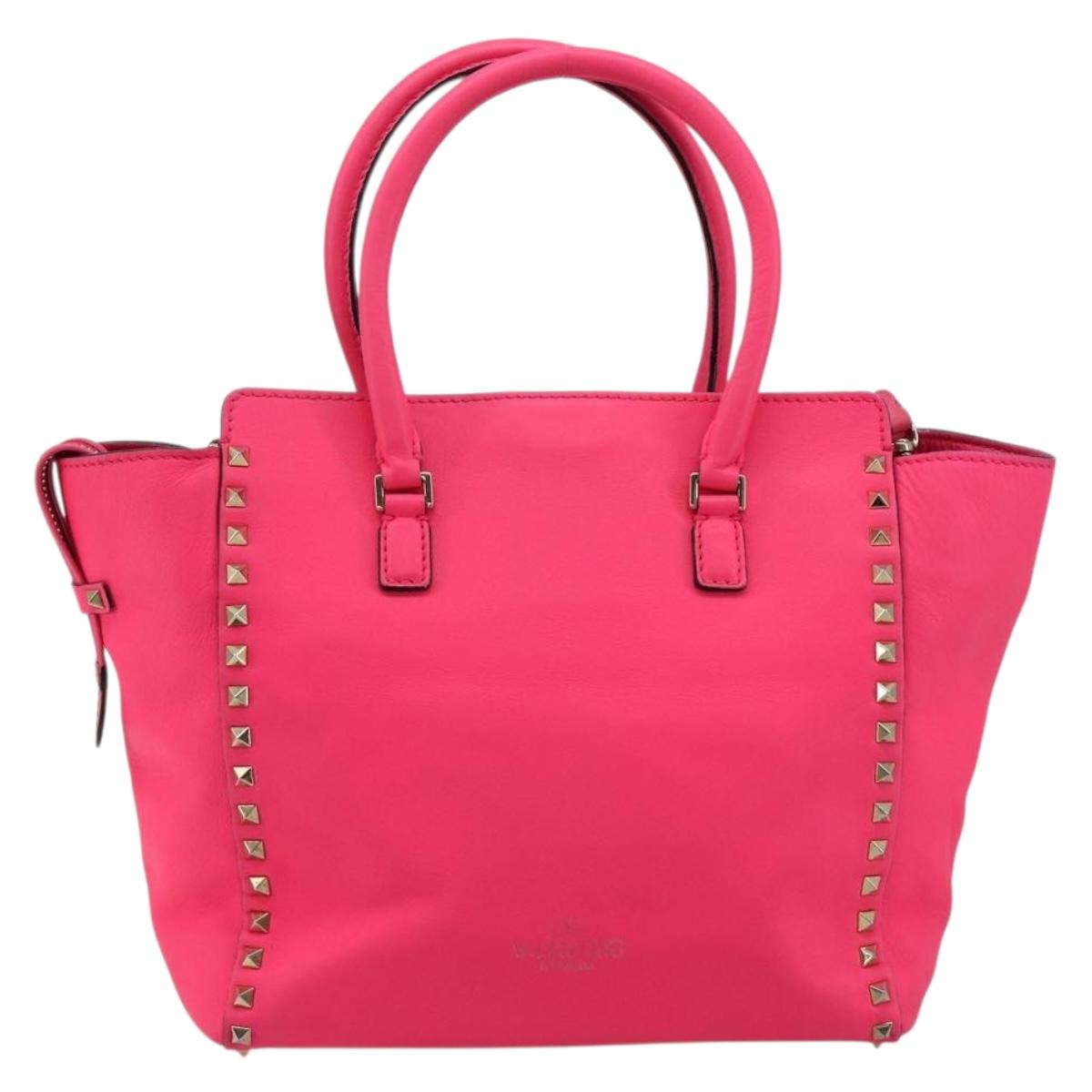 VALENTINO Studs Tote Bag Leather 2way Pink Gold Auth BA13319