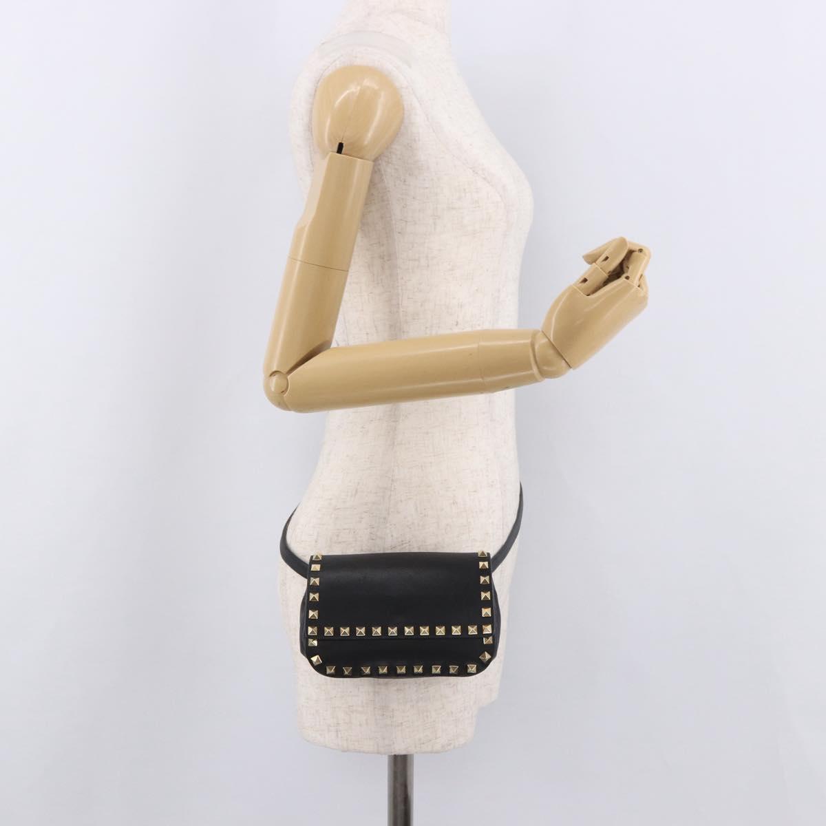VALENTINO Studs Waist bag Leather Black Gold Auth BA13324A