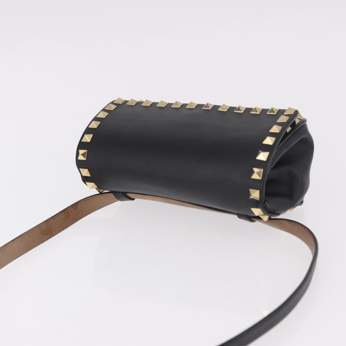 VALENTINO Studs Waist bag Leather Black Gold Auth BA13324A