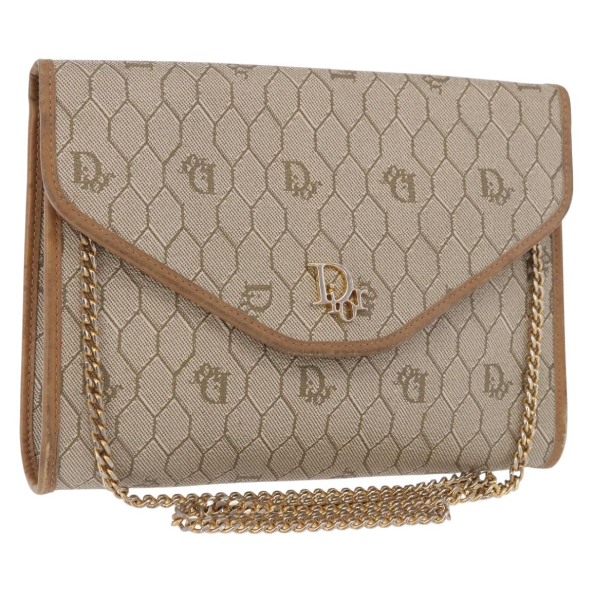Christian Dior Honeycomb Canvas Chain Bag PVC Leather Beige Gold Auth BA13330