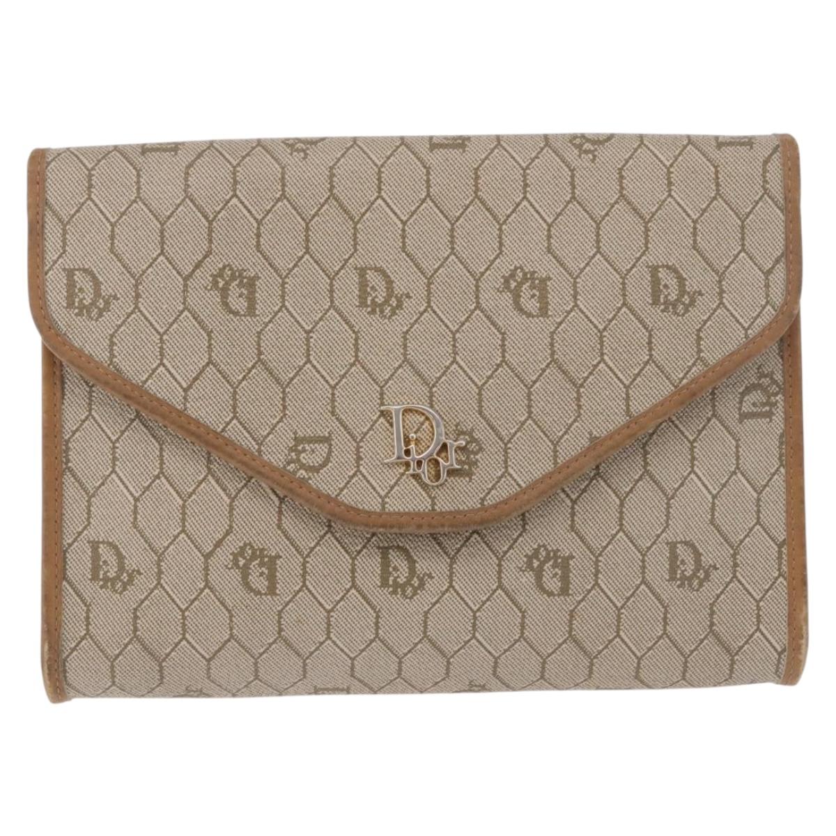 Christian Dior Honeycomb Canvas Chain Bag PVC Leather Beige Gold Auth BA13330
