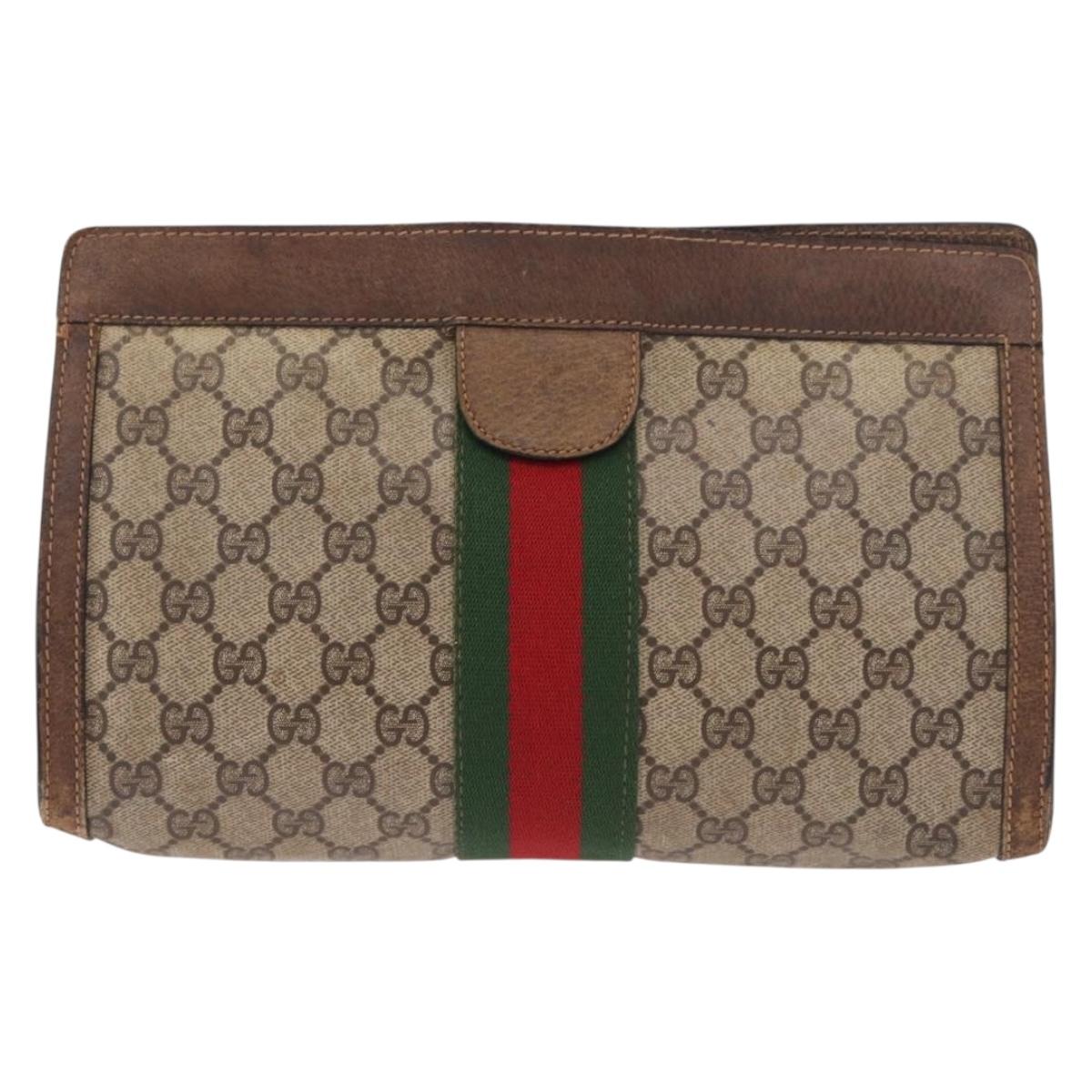 GUCCI GG Supreme Web Sherry Line Clutch Bag PVC Beige Auth BA13333