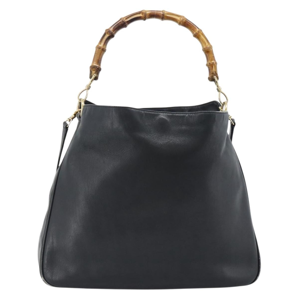 GUCCI Bamboo Shoulder Bag Leather 2way Black Gold 001 1577 3444 Auth BA13349