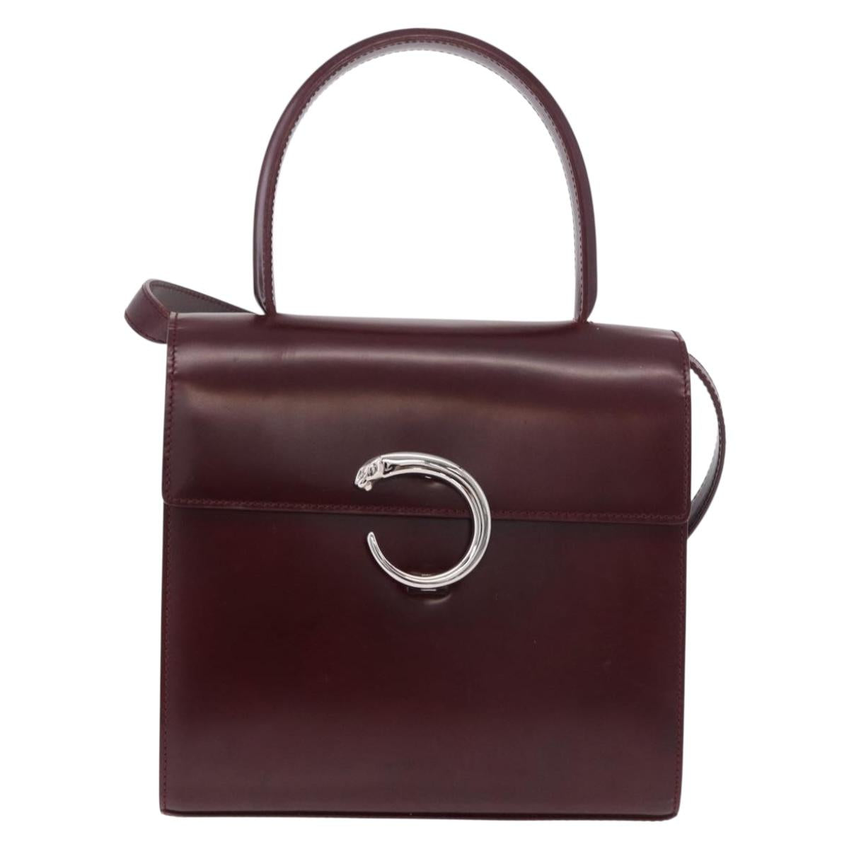 CARTIER Hand Bag Leather 2way Bordeaux Silver Auth BA13356V