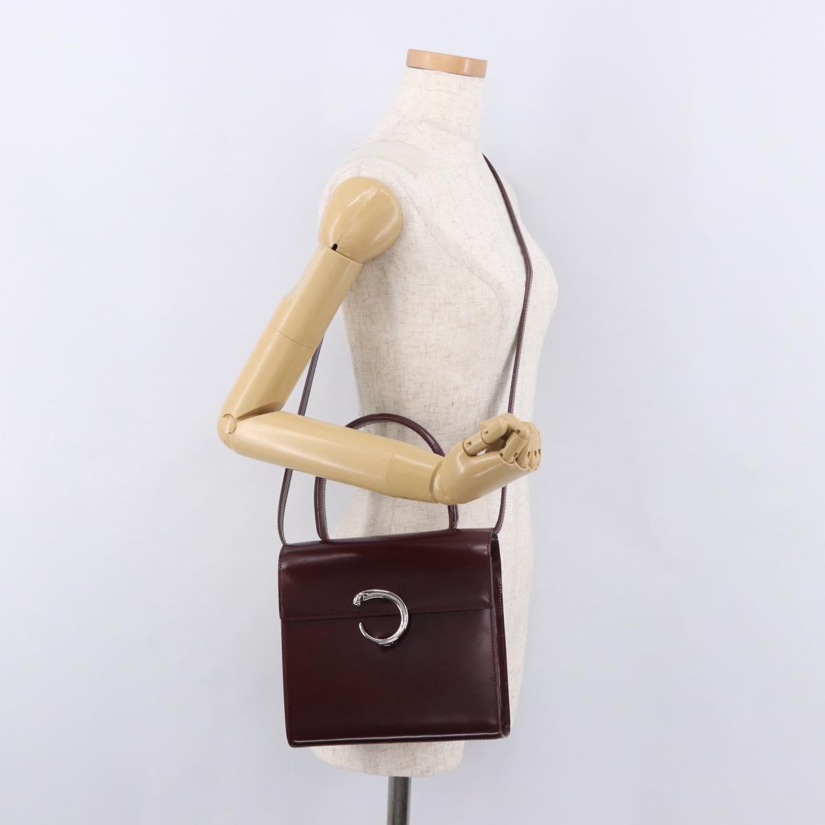 CARTIER Hand Bag Leather 2way Bordeaux Silver Auth BA13356V