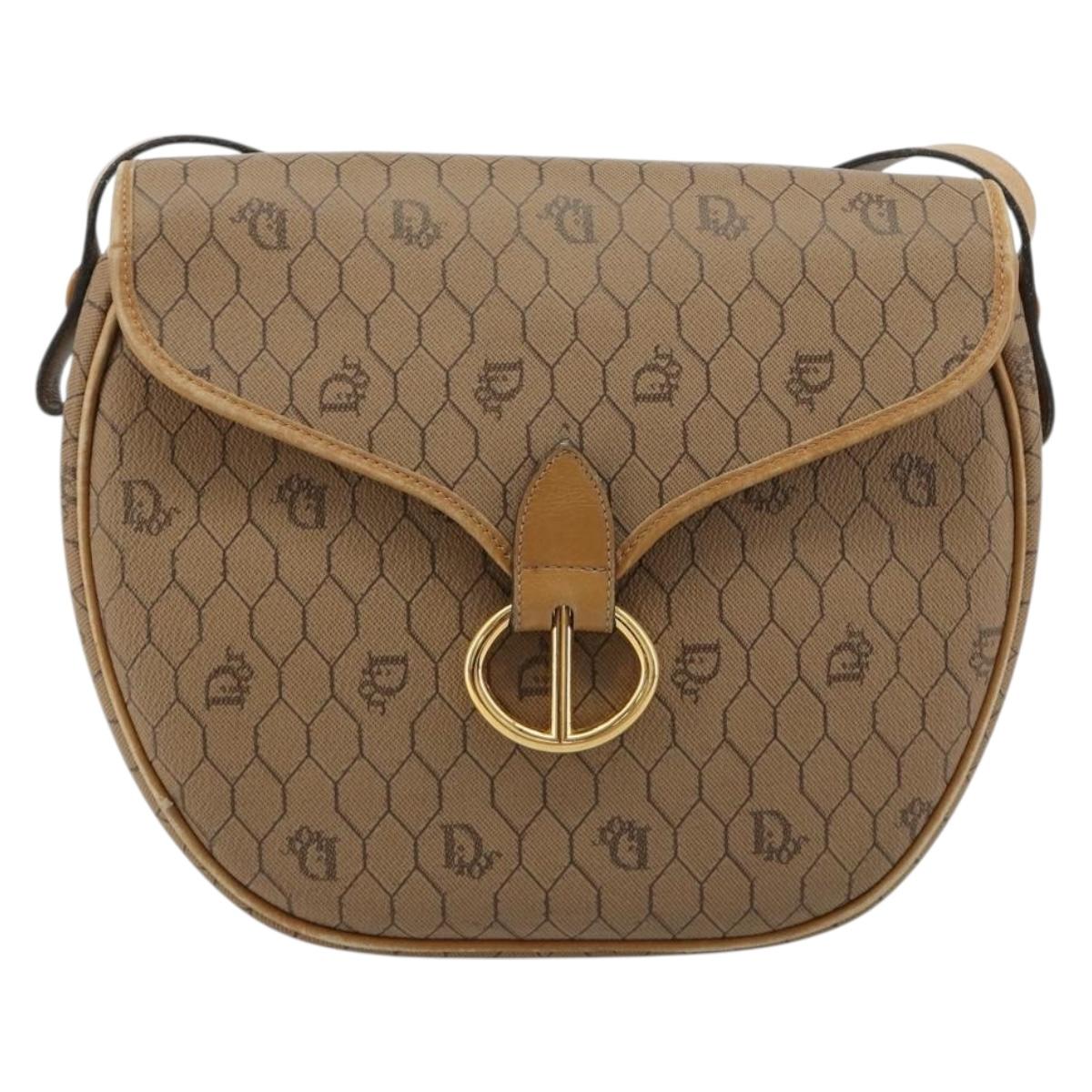 Christian Dior Honeycomb Canvas Shoulder Bag PVC Beige Gold Auth BA13357