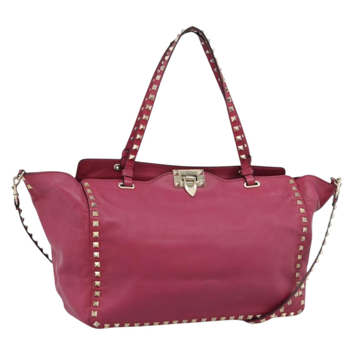 VALENTINO Studs Tote Bag Leather 2way Pink Gold Auth BA13360