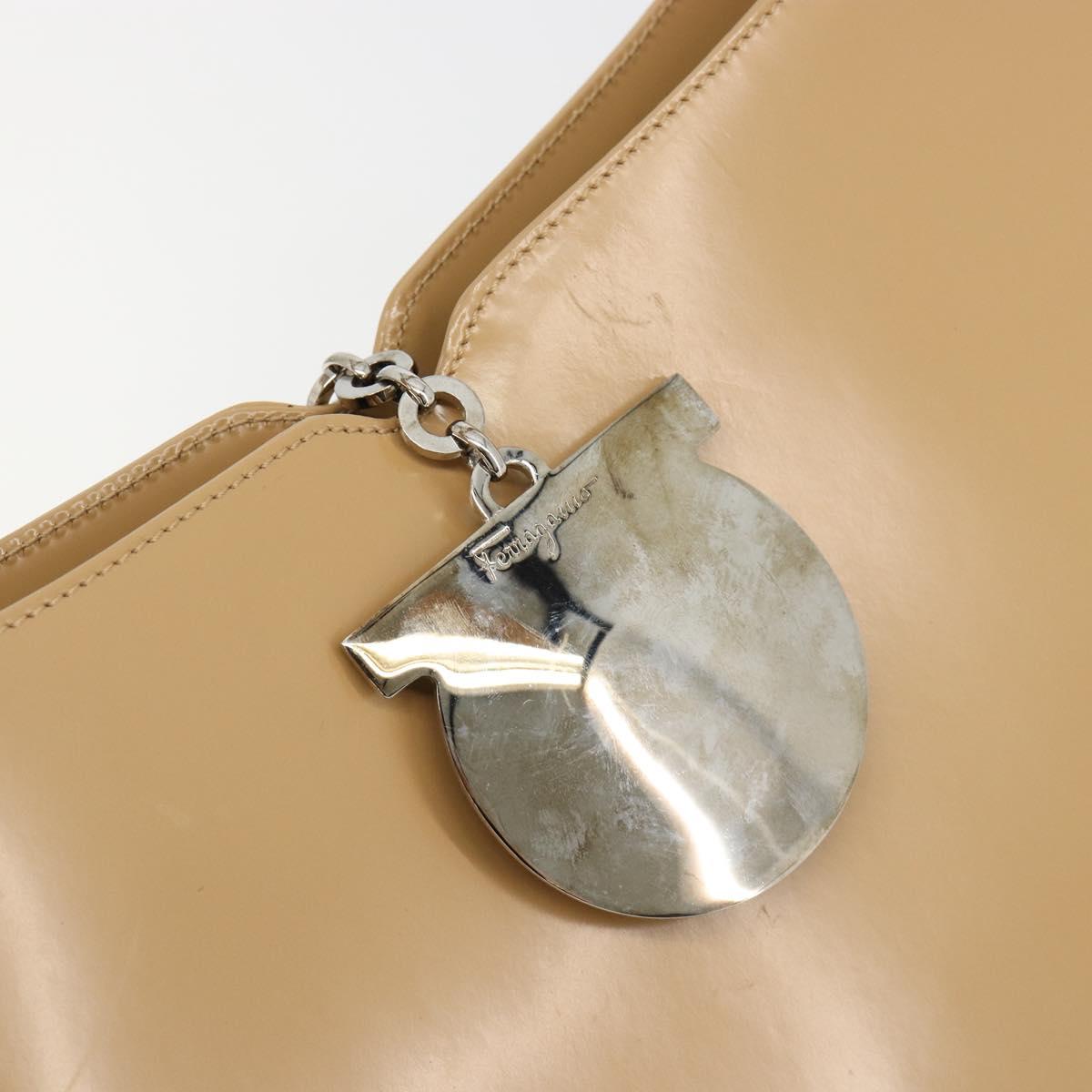 Salvatore Ferragamo Gancini Bag Patent leather Beige Silver Auth BA13361A