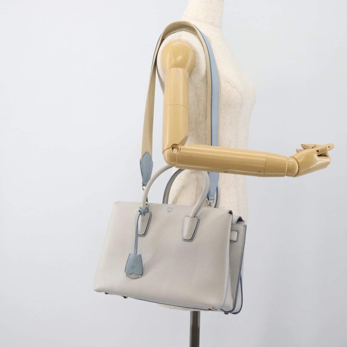 MCM Hand Bag Leather 2way Gray Silver Auth BA13363A
