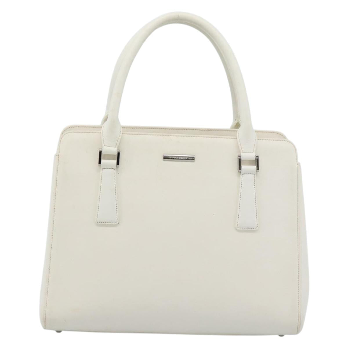BURBERRY Hand Bag Leather White Silver Auth BA13365