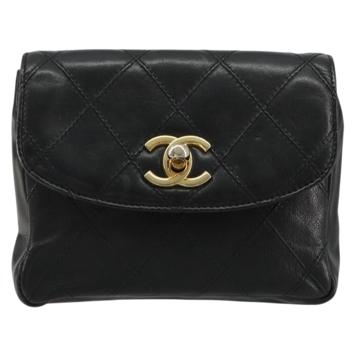 CHANEL Bicolore Waist bag Lamb Skin Black Gold CC Auth BA13369